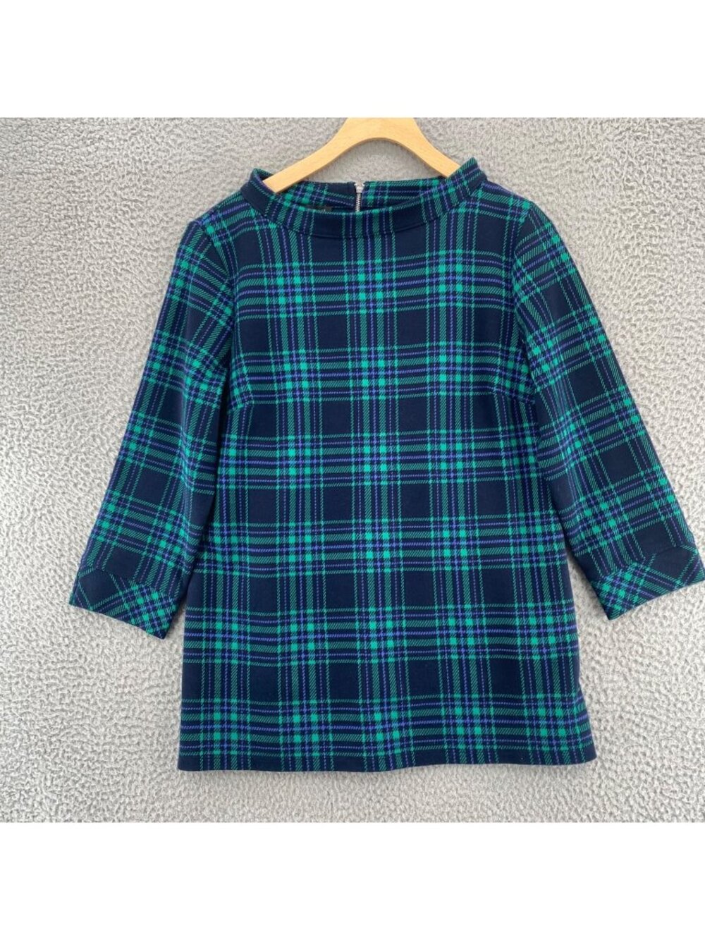 Talbots Top Women Medium Blue Green Plaid Knit 3/4 Sleeve Tunic Portrait Collar